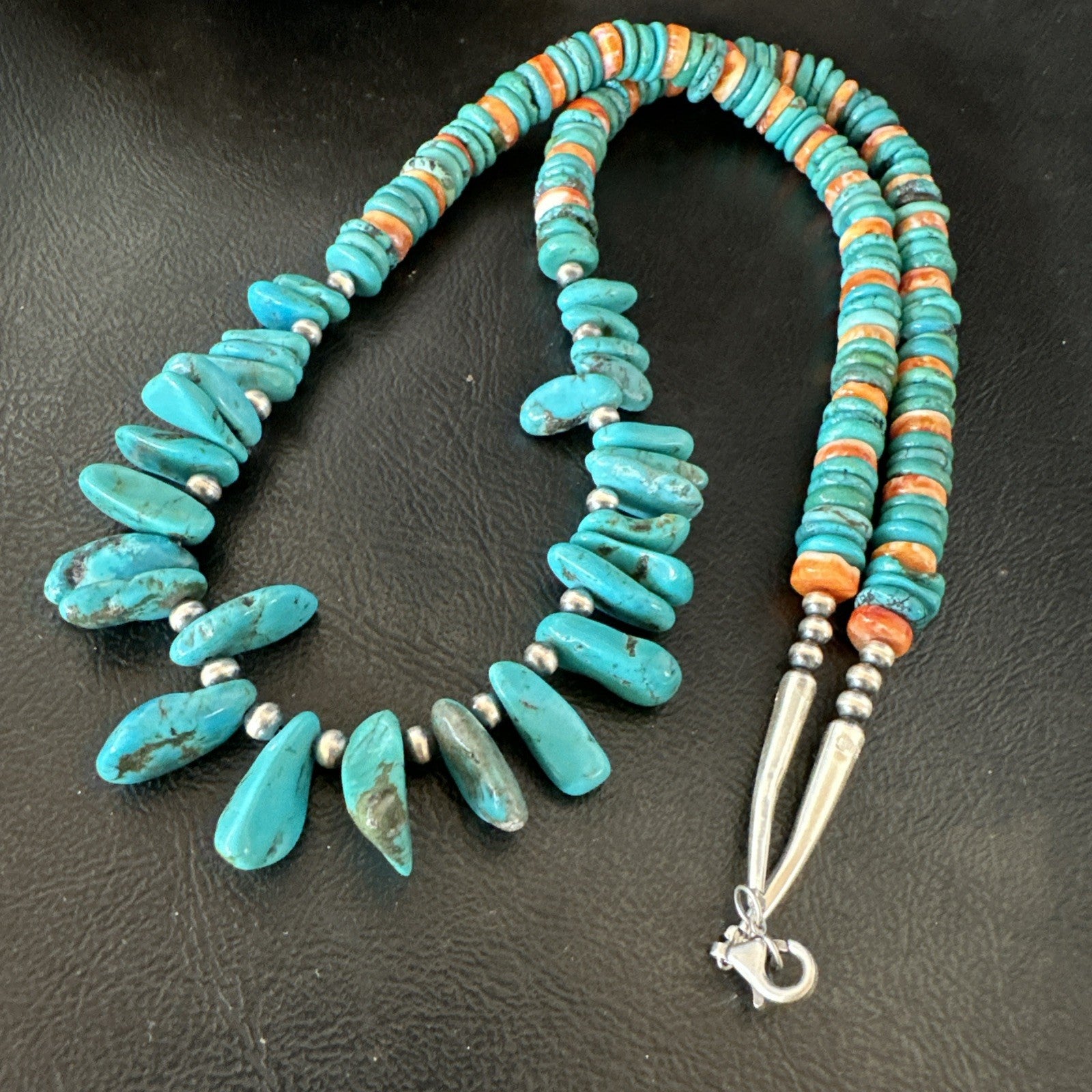 Mens Women Navajo Blue Turquoise Spiny Oyster Necklace Sterling Silver 24” 19506