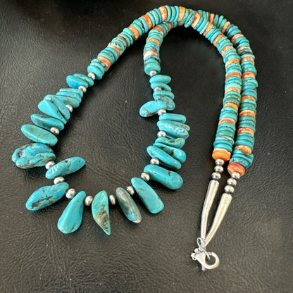 Mens Women Navajo Blue Turquoise Spiny Oyster Necklace Sterling Silver 24” 19506