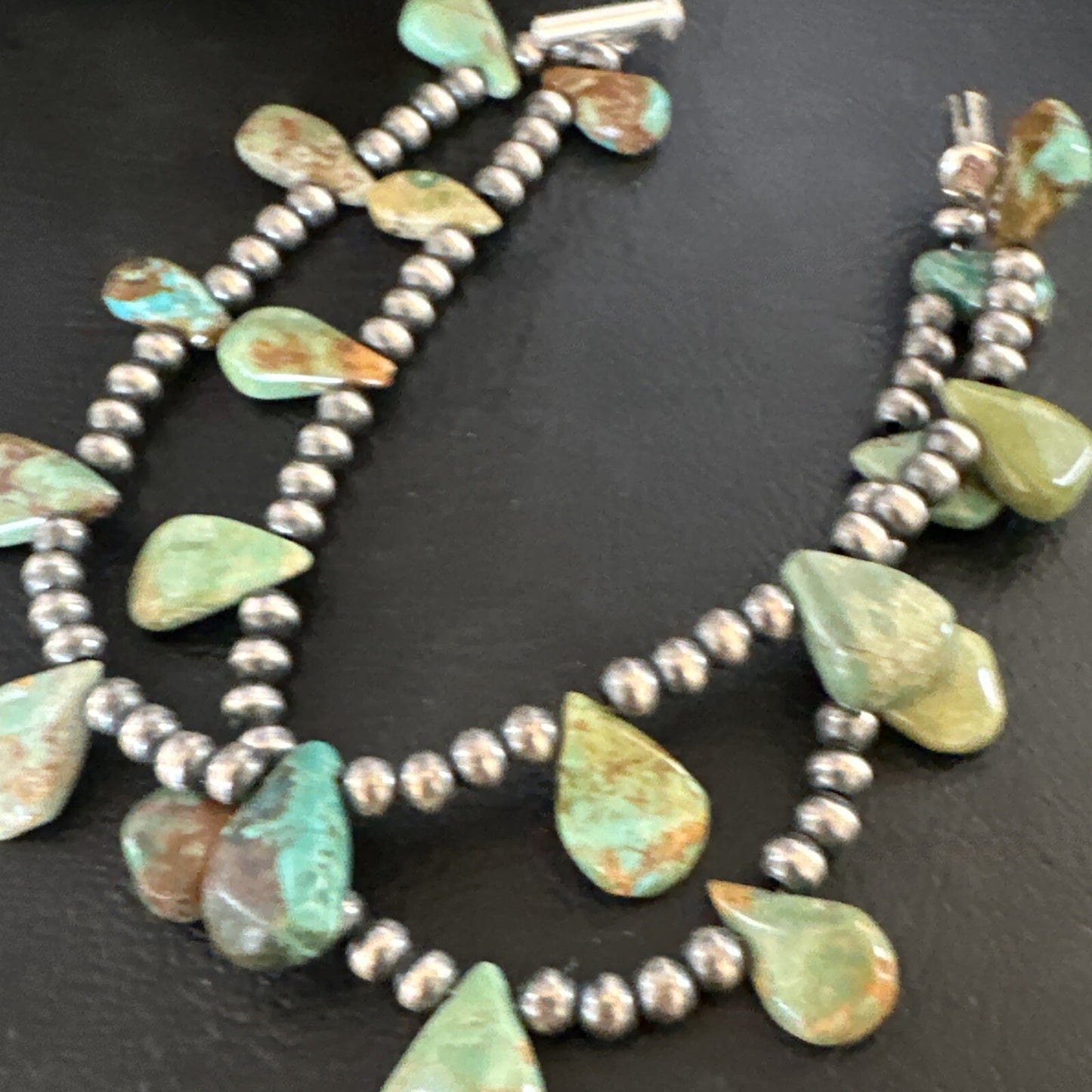 Navajo Sterling Silver Beads Green Turquoise Teardrop Bracelet 2S 7.5" 15259