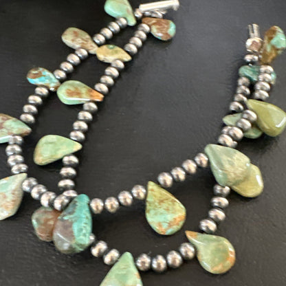 Navajo Sterling Silver Beads Green Turquoise Teardrop Bracelet 2S 7.5" 15259