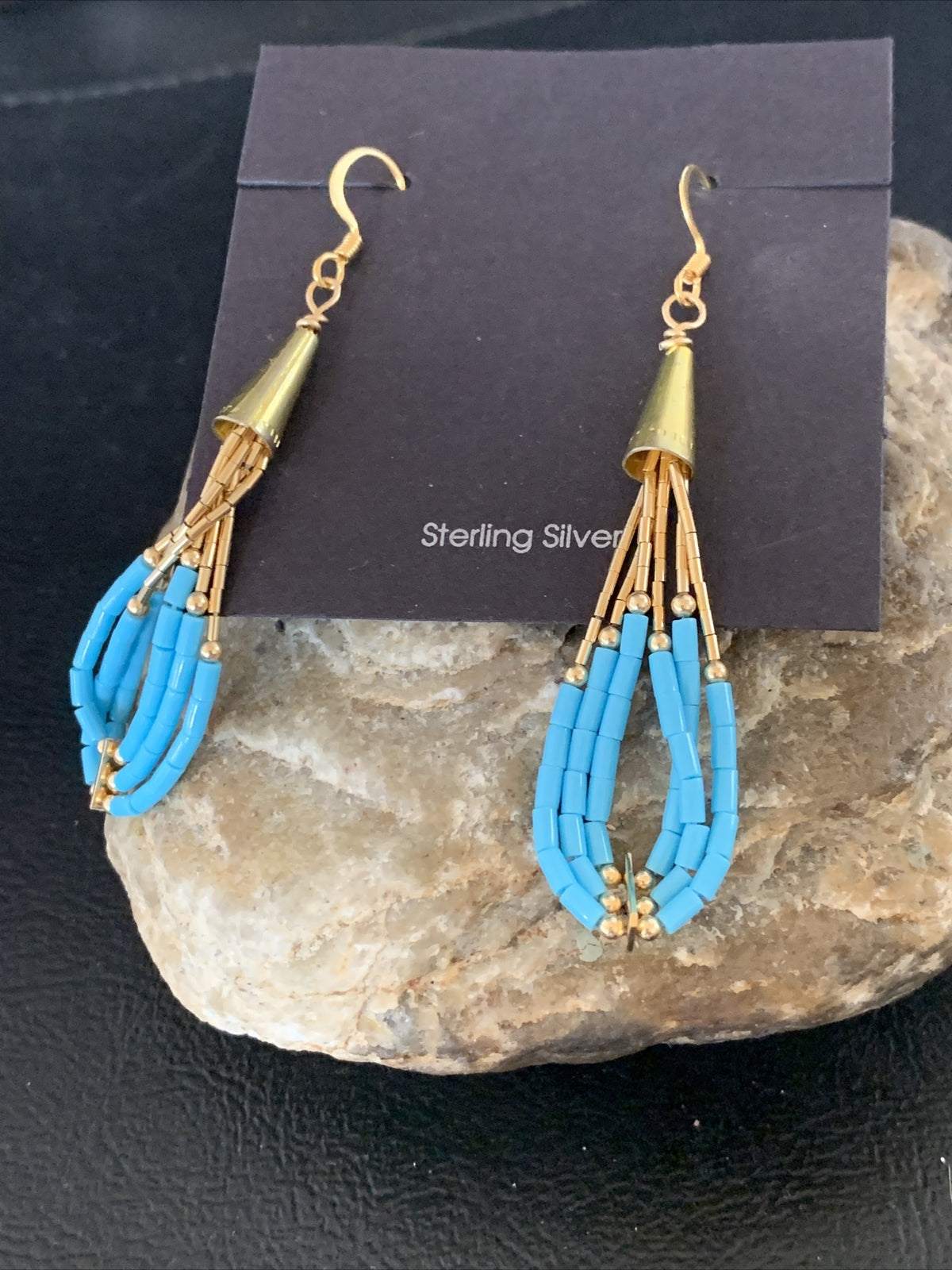 Blue Turquoise Liquid Gold Filled Tubes Dangle Heishi Earrings 2" 13030