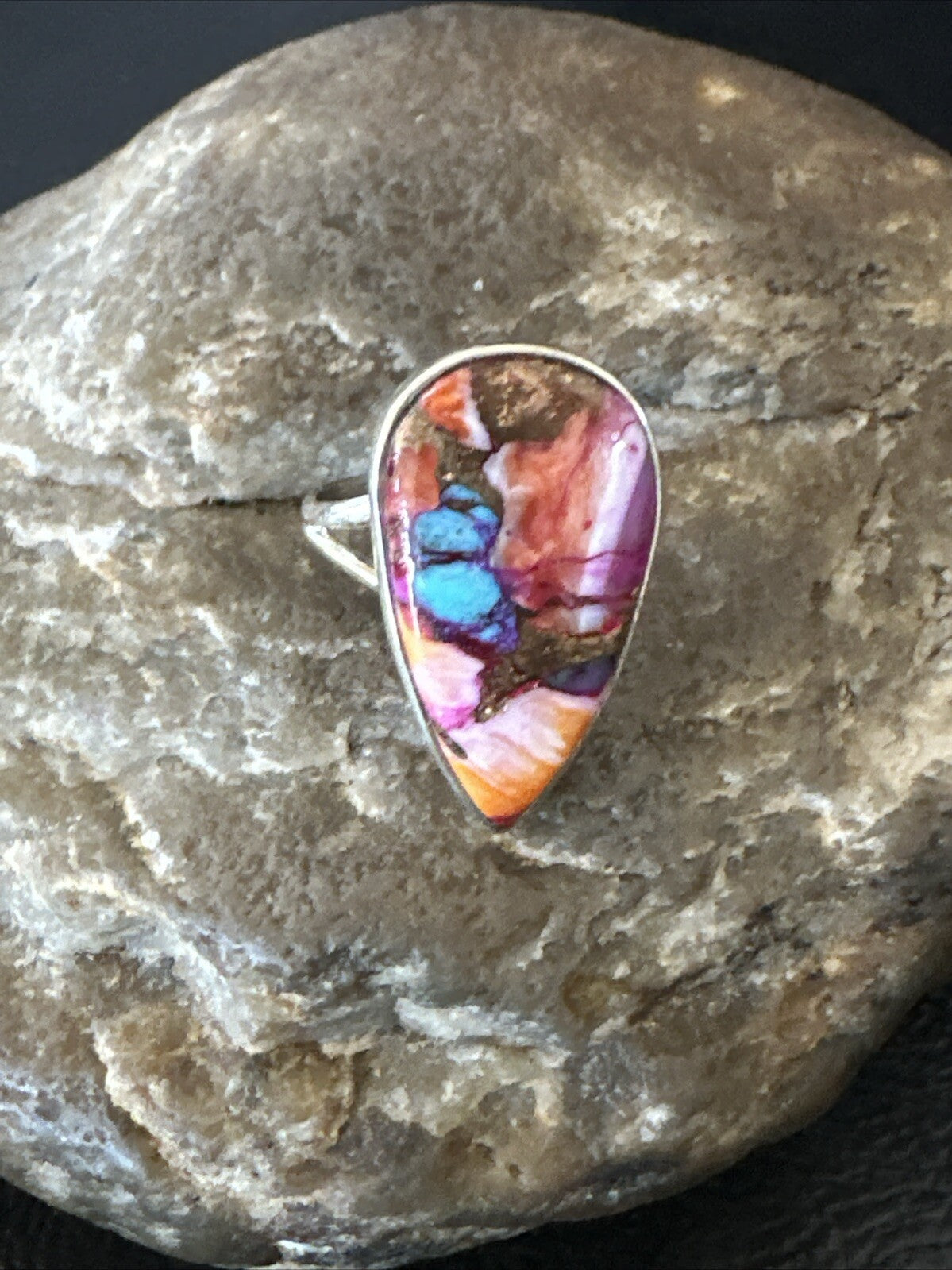 Blue Turquoise Spiny Oyster Southwestern Sterling Silver Ring Size 7 18433