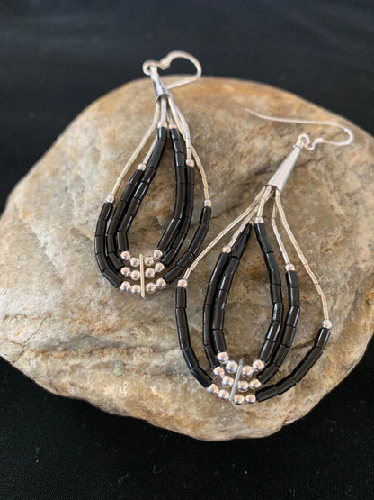 Handmade Native  Sterling Silver Heishi Black Onyx Dangle Earrings 2" 10054