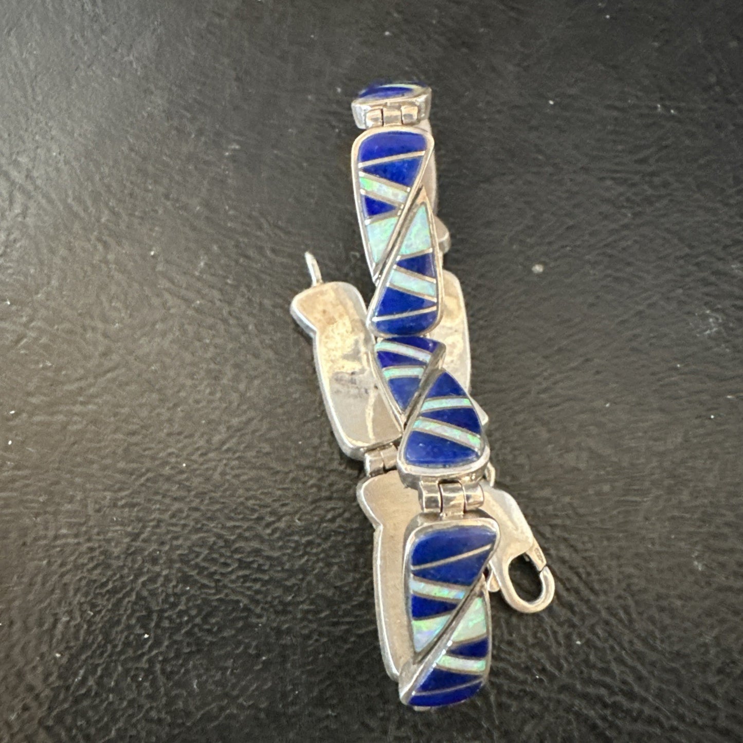 A Womens Blue Lapis Opal Sterling Silver Link Bracelet 9" 19792