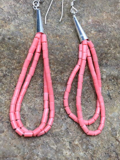 Pink Coral Heishi Liquid Sterling Silver Dangle 2 Strand Earrings 04398