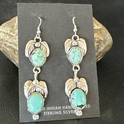 Native Navajo Green Turquoise Sterling Silver Dangle Earrings 2” 17914