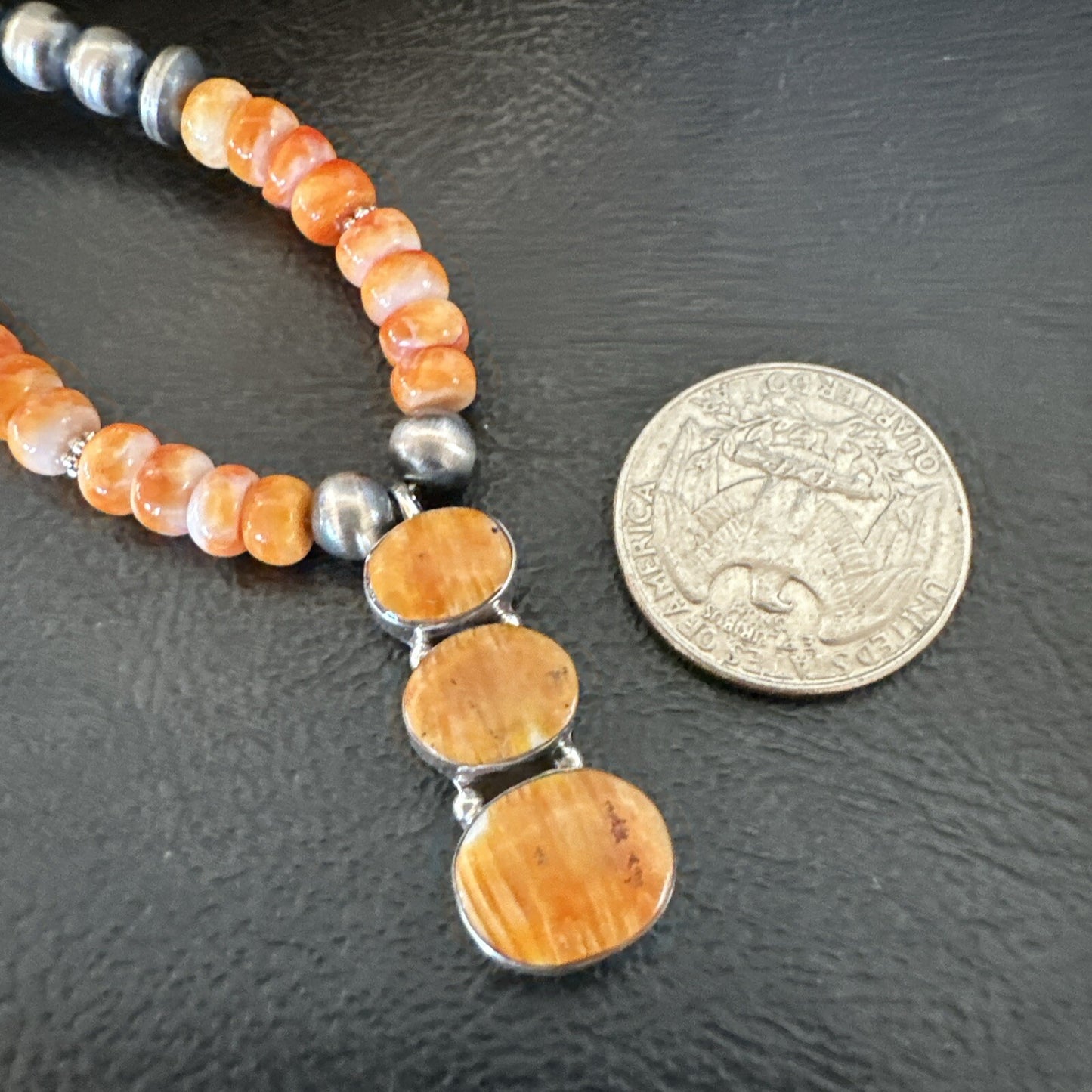 Navajo Pearls Sterling Silver Necklace Orange Spiny Oyster Pendant 20" 18264