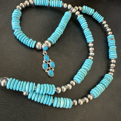 Blue Turquoise Cluster Pendant Navajo Sterling Silver Necklace 20" 19713