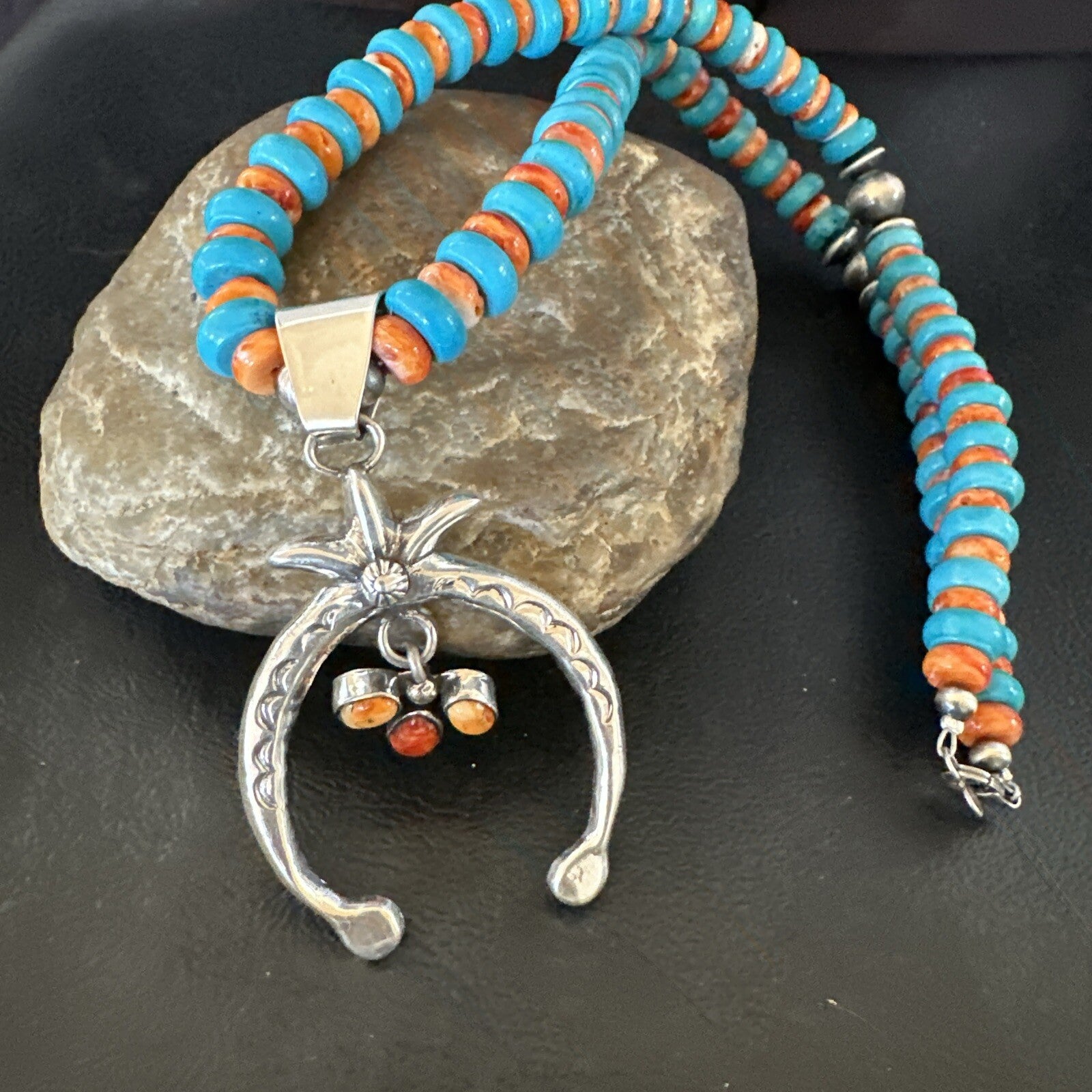 Mens Blue Turquoise Spiny Naja Pendant Navajo Sterling Silver Necklace 23" 17691