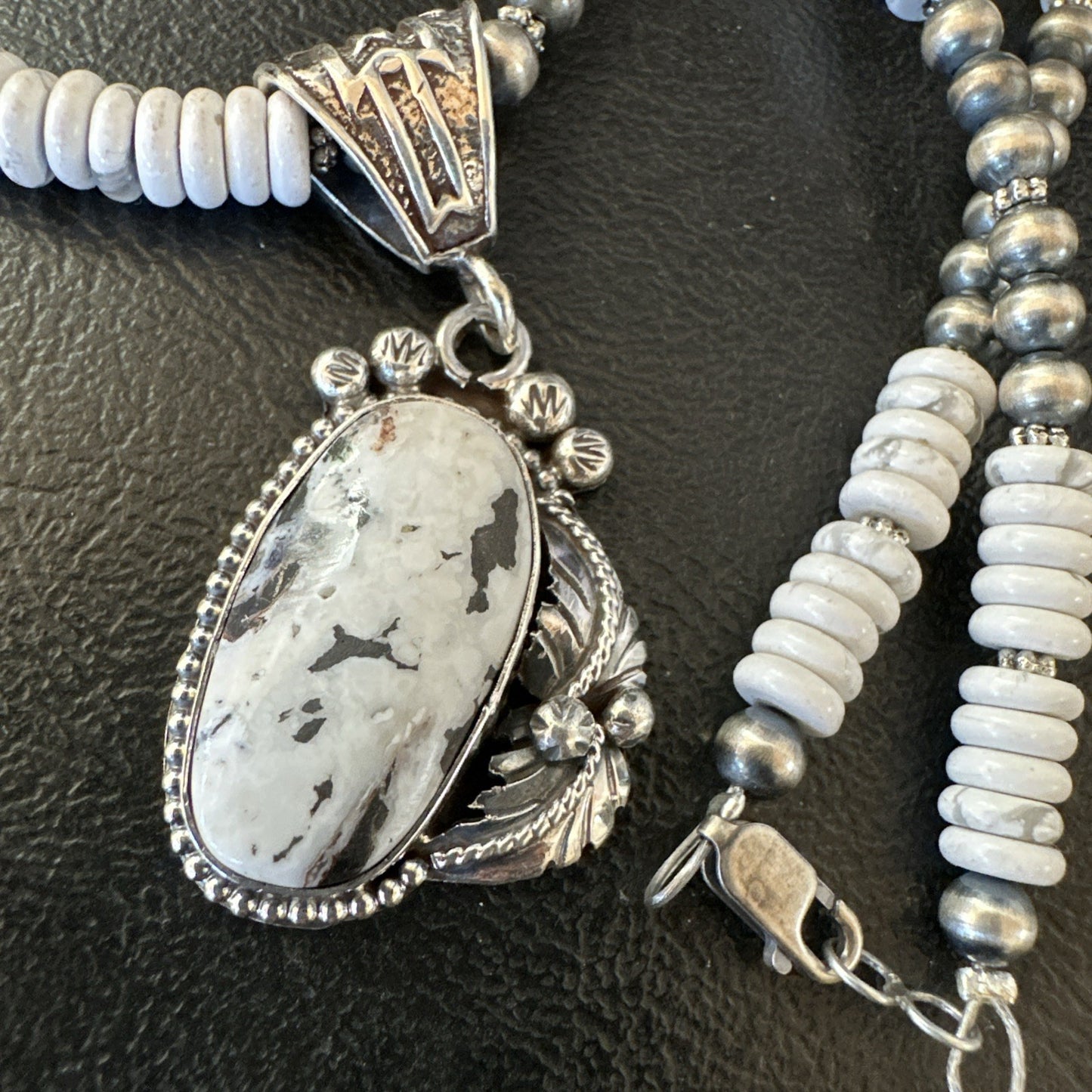 White Buffalo Turquoise Pendant Navajo Pearls Sterling Silver Necklace 20” 19498