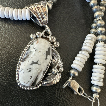 White Buffalo Turquoise Pendant Navajo Pearls Sterling Silver Necklace 20” 19498