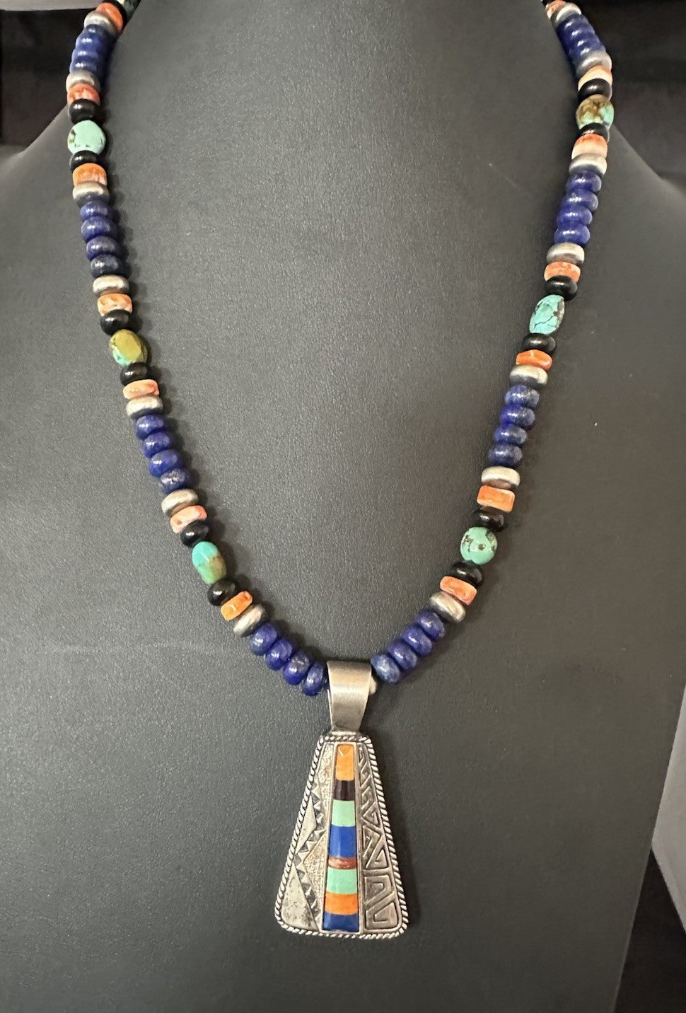 Multicolor Inlay Lapis Pendant Navajo Sterling Silver Necklace 22” 19467