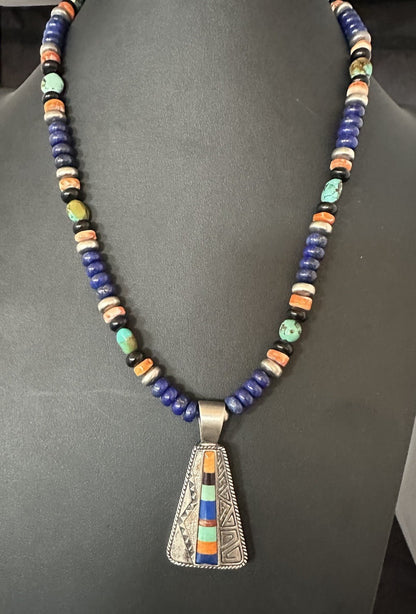 Multicolor Inlay Lapis Pendant Navajo Sterling Silver Necklace 22” 19467