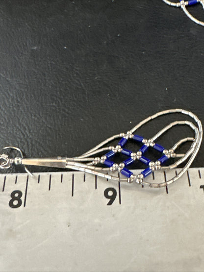 Blue Lapis 3 Strand Heishi Liquid Sterling Silver Dangle Earrings 17737