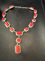 Handmade Women Red Coral Lariat Necklace Pendant 19" | Sterling Silver | Authentic Native American Handmade | 18410