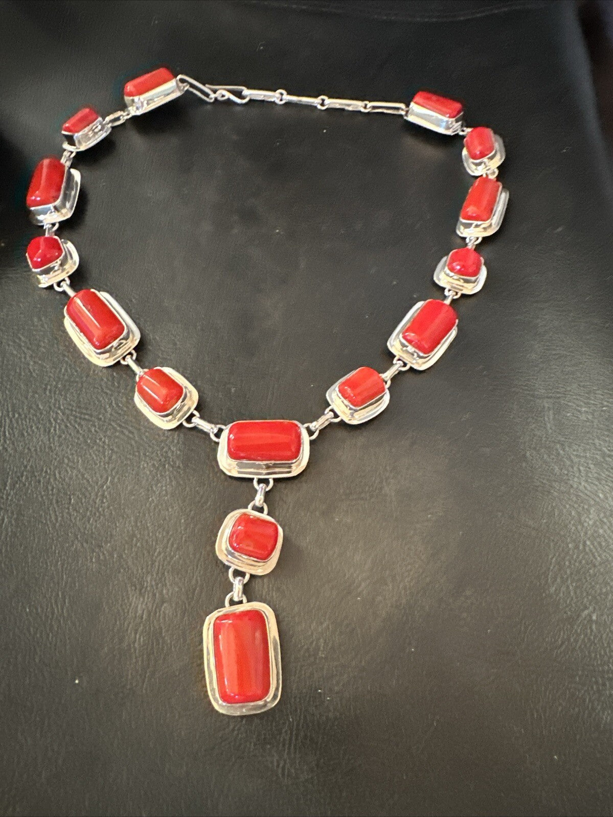 Handmade Women Red Coral Lariat Necklace Pendant Sterling Silver 19” 18410