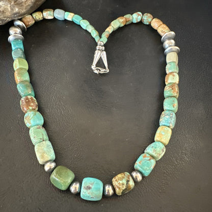 Cube Green Turquoise Navajo Graduated Sterling Silver Necklace 21” 19205