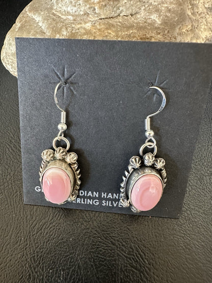 Handmade Pink Queen Conch Sterling Silver Navajo Dangle Earrings Yazzie 19535