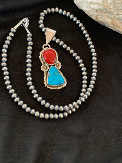 Kingman Turquoise & Coral Pendant Navajo Sterling Silver Necklace 02534