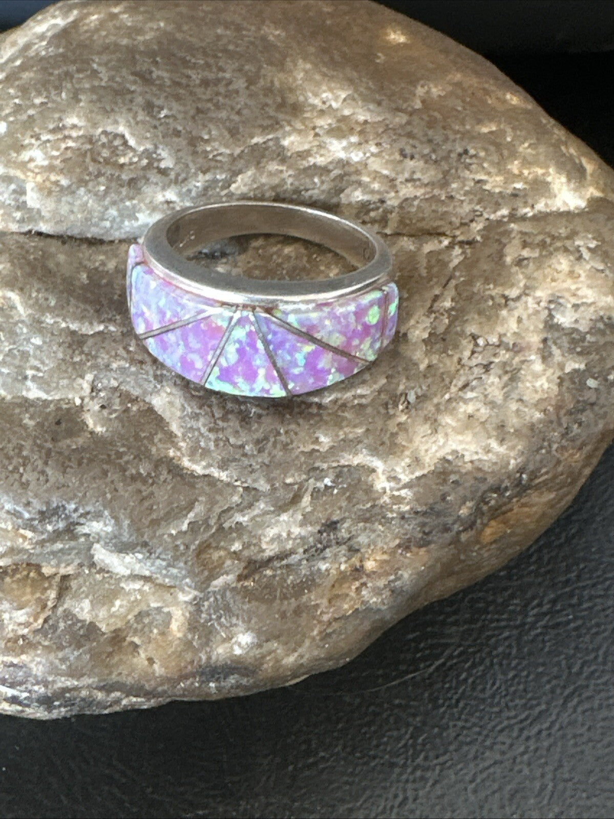 Pink Opal Navajo Sterling Silver Band Inlay Ring Size 7 18786