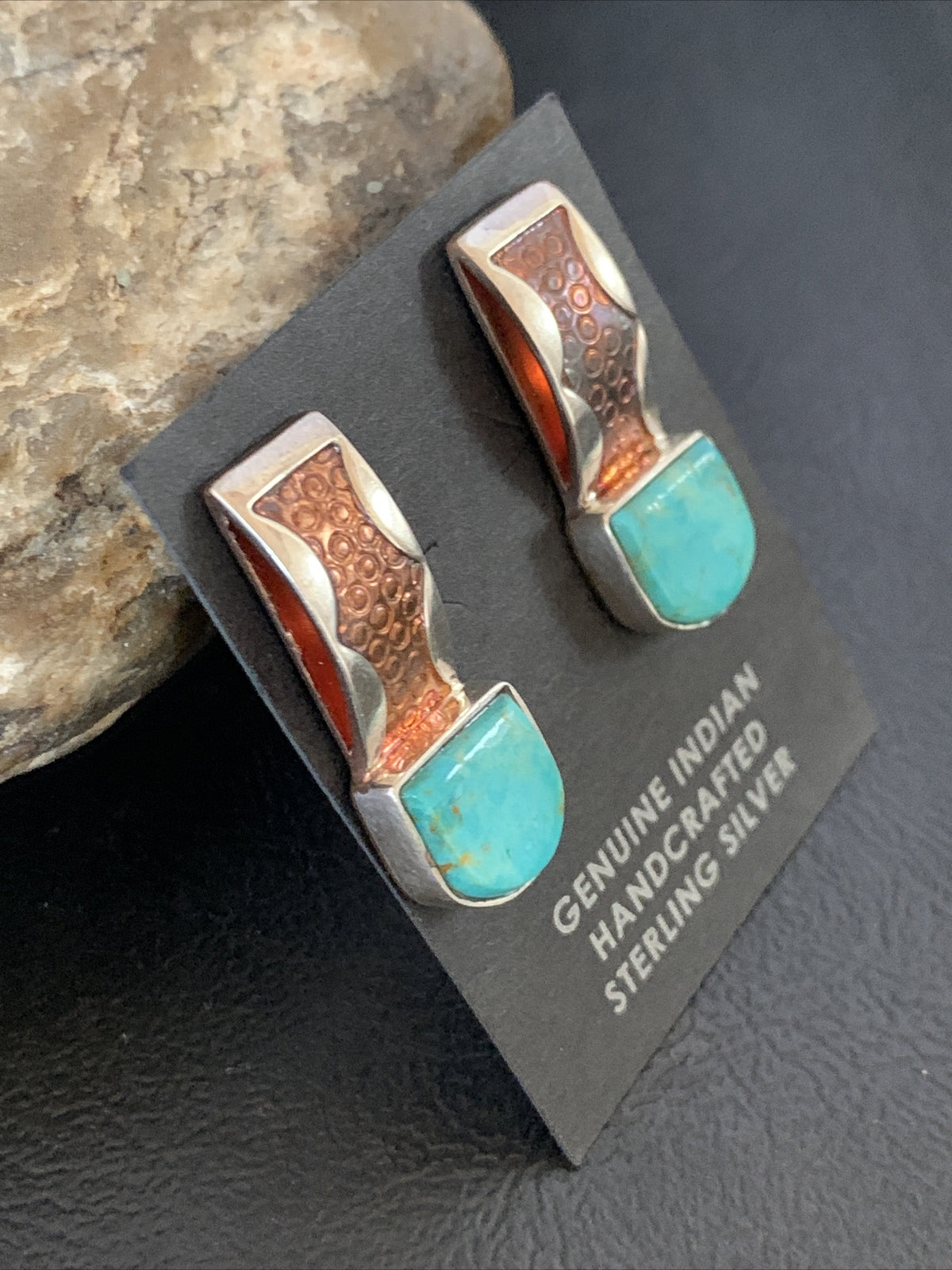 Womens Inlay Earrings Navajo Blue Turquoise Sterling Silver Brass 1" 13106