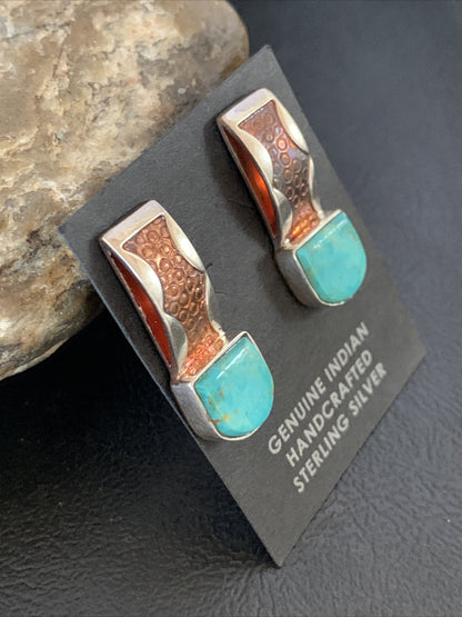 Womens Inlay Earrings Navajo Blue Turquoise Sterling Silver Brass 1" 13106