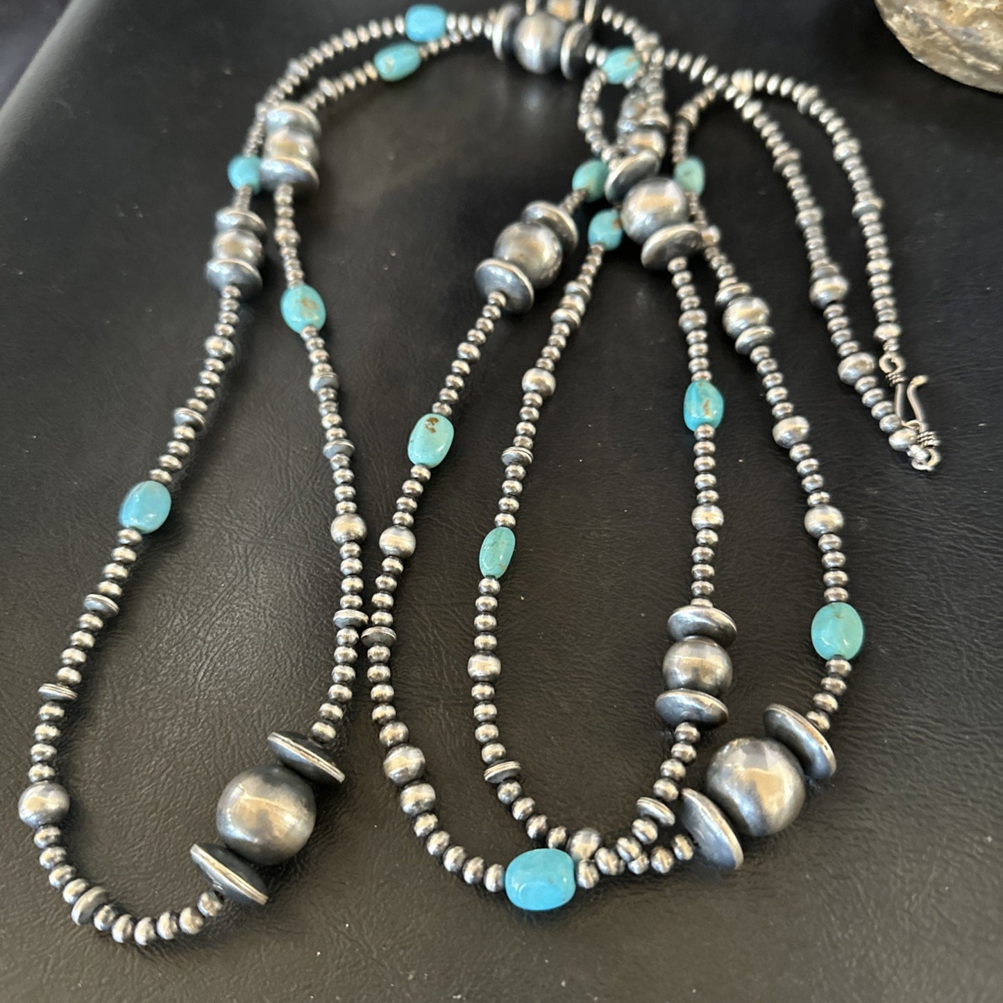Native Navajo Sterling Silver Beads Blue Turquoise 72 in Necklace 19117