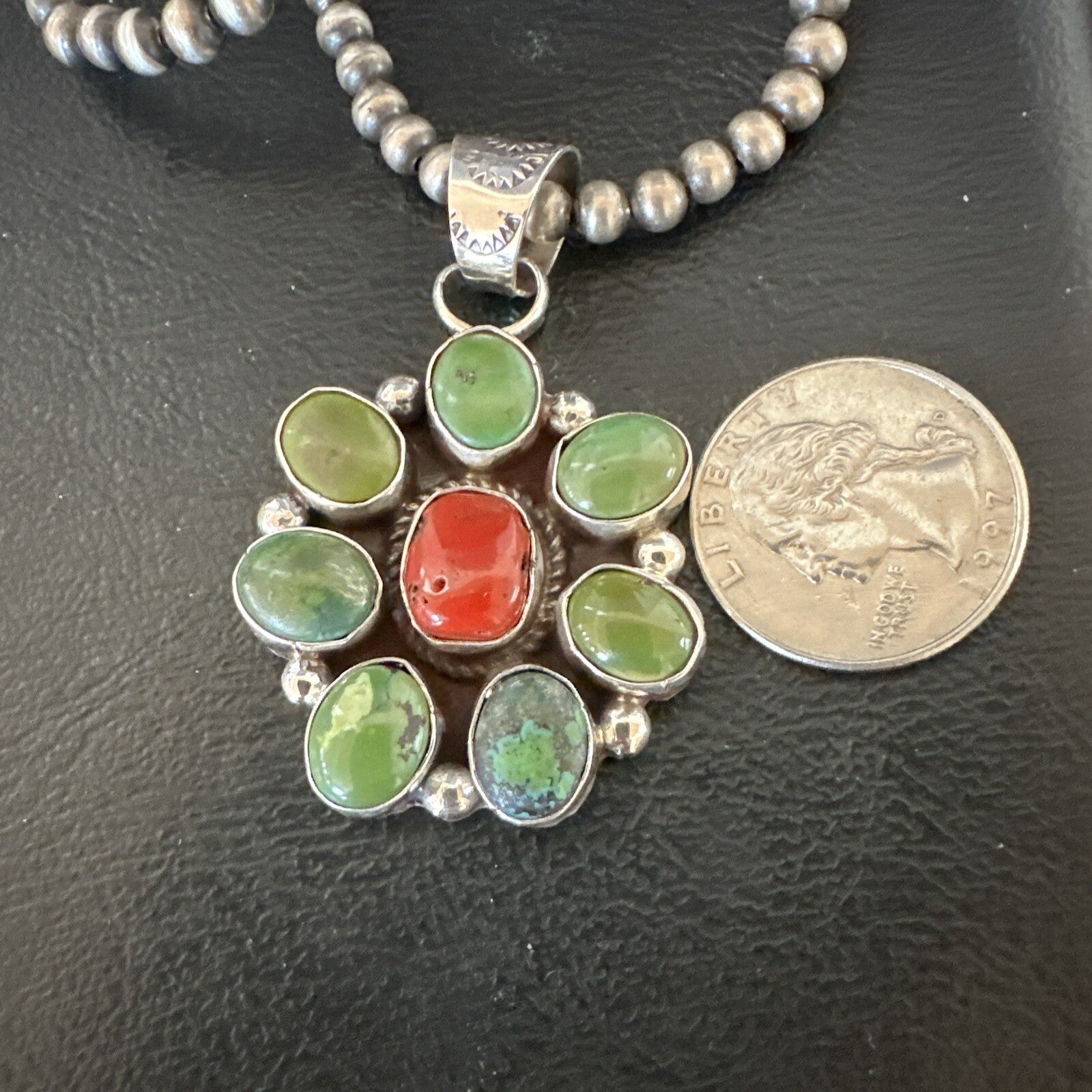 Navajo Sterling Cluster Red Turquoise Pendant Necklace 17713