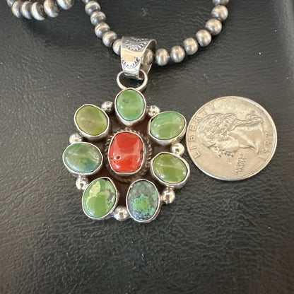 Navajo Sterling Cluster Red Turquoise Pendant Necklace 17713