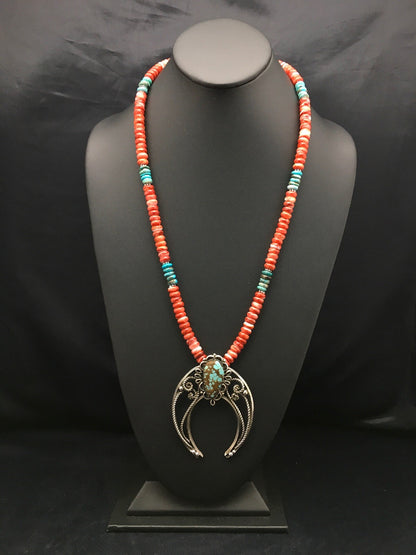 Turquoise #8 Pendant Spiny Oyster Navajo Sterling Silver Necklace 24" 04062