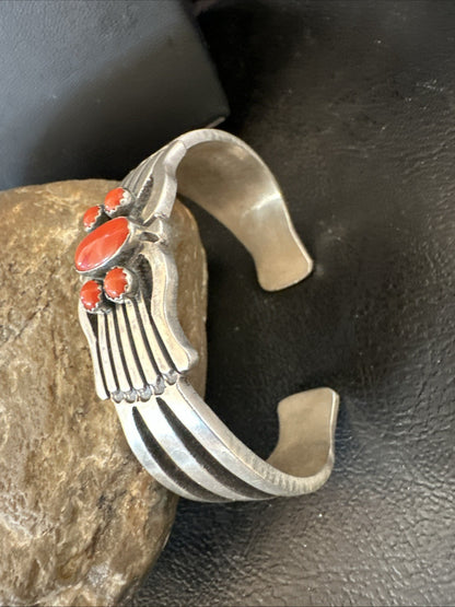 Mens Womens Red Coral Navajo Sterling Silver Cluster Cuff Bracelet 7" 19697
