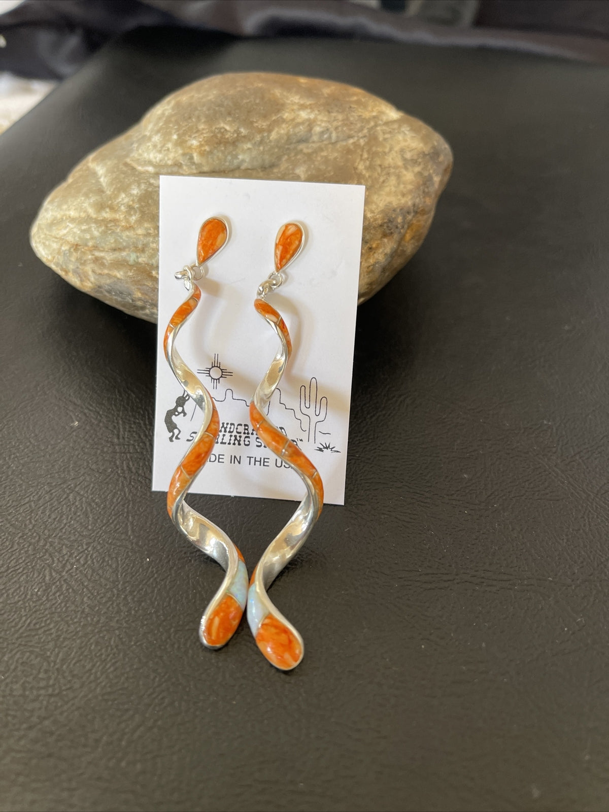Spiny Oyster & Opal Inlay Snake Swirl Navajo Sterling Earrings 3.25" 01547