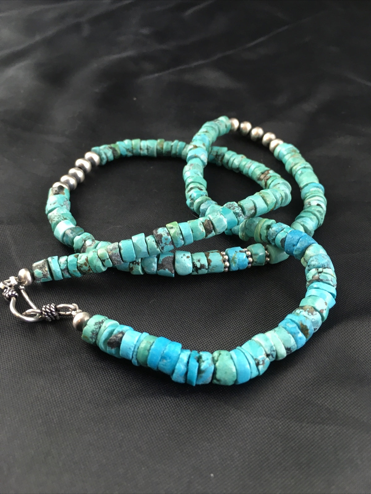 Blue Turquoise 7mm Heishi Bead Navajo Sterling Silver Necklace 1498
