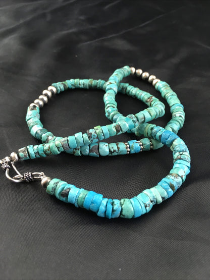 Blue Turquoise 7mm Heishi Bead Navajo Sterling Silver Necklace 1498