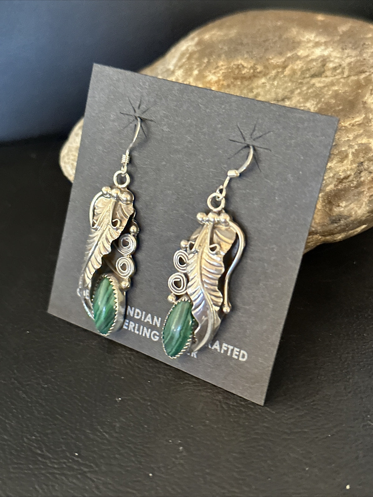 Green Malachite Navajo Sterling Silver Dangle Earrings 14761