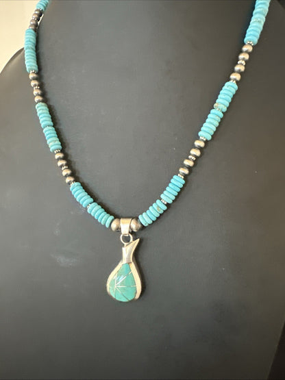 Pottery Blue Turquoise Inlay Pendant Navajo Sterling Silver Necklace 20" 19678