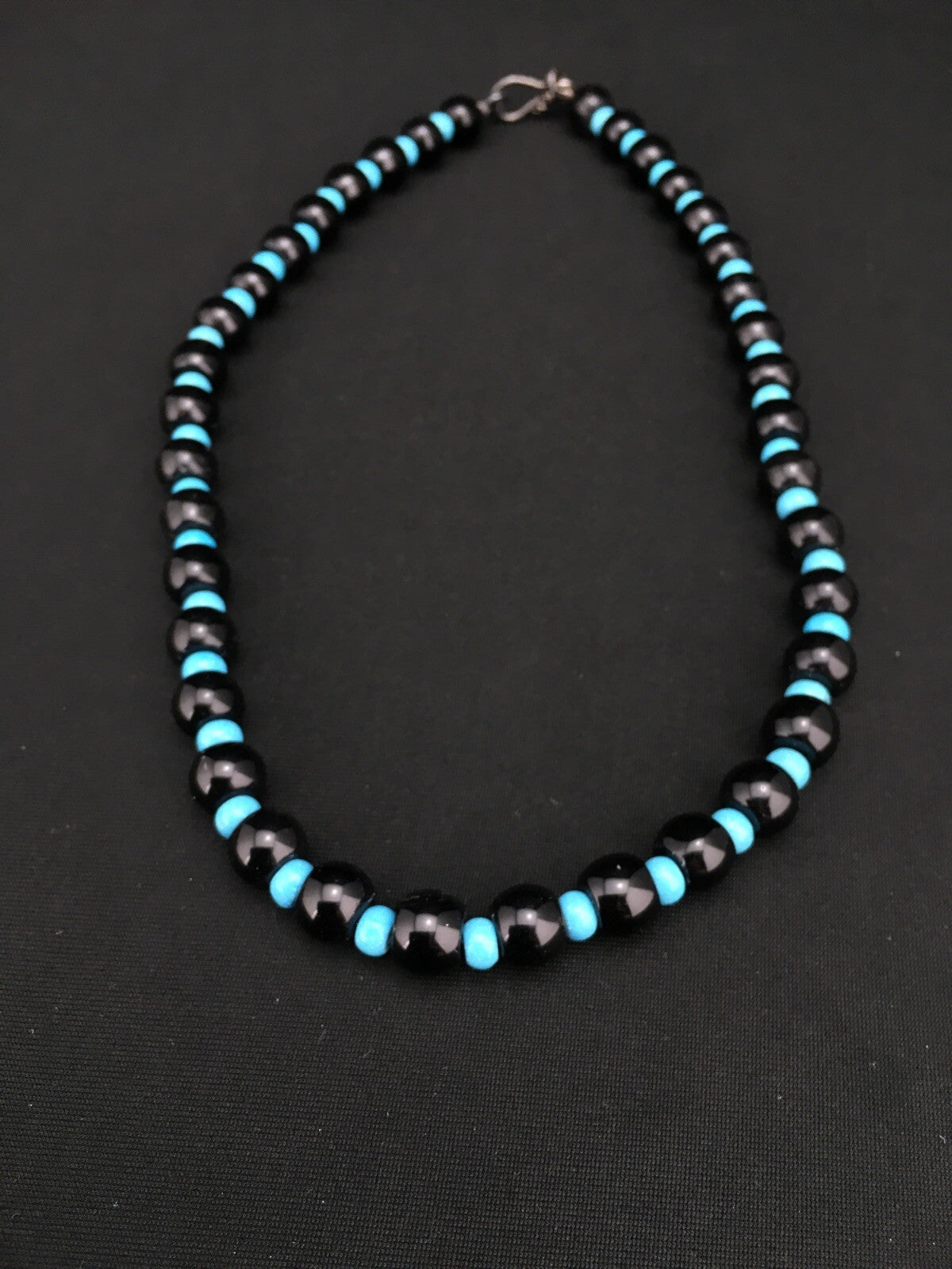 Native Black Onyx Blue Turquoise Bead Navajo Sterling Silver Necklace 15229
