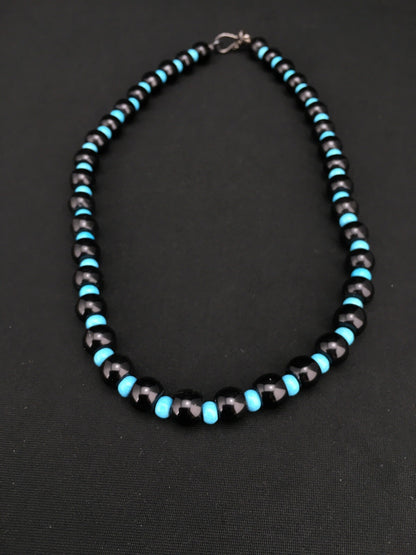 Native Black Onyx Blue Turquoise Bead Navajo Sterling Silver Necklace 15229