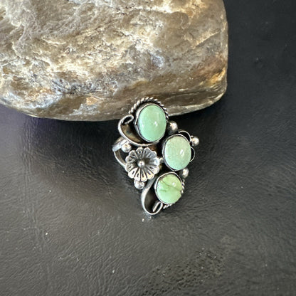 Yazzie Ring Green Turquoise Navajo Sterling Silver Cluster Size 8.5 19230