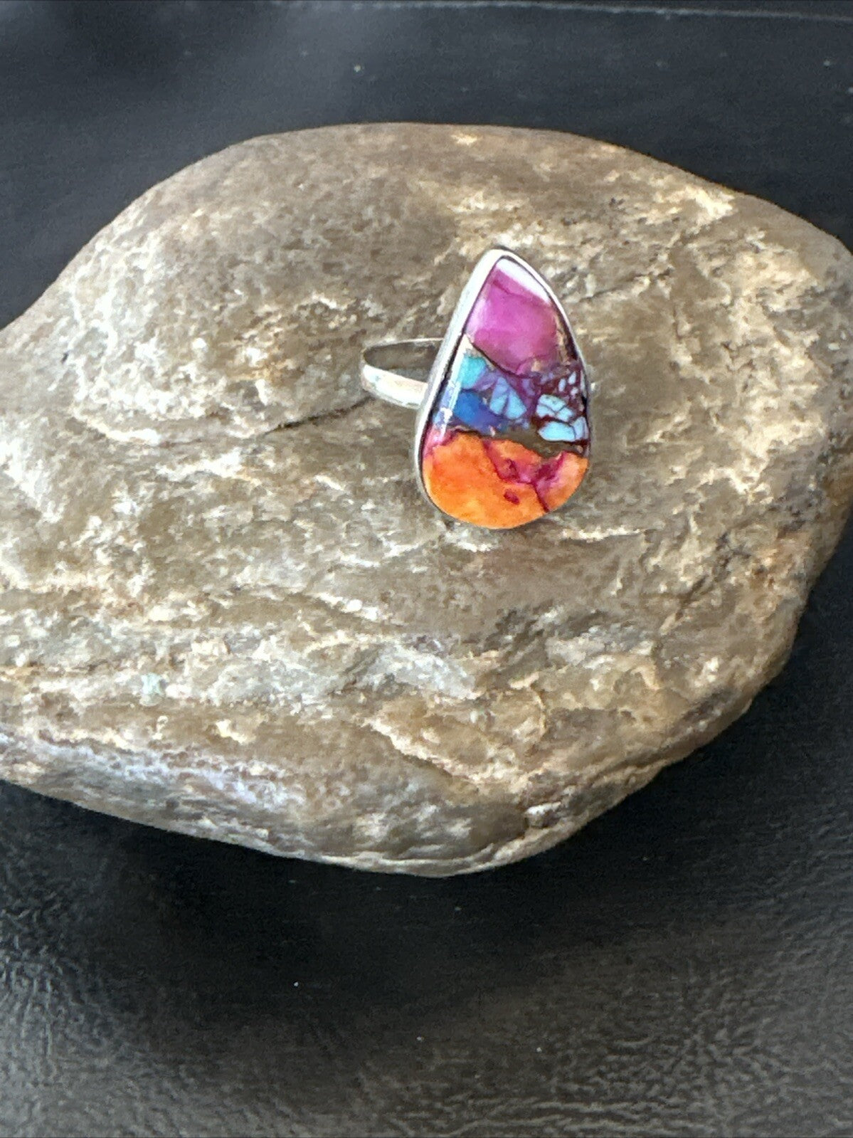 Blue Turquoise Spiny Oyster Southwestern Sterling Silver Ring Size 9 18464