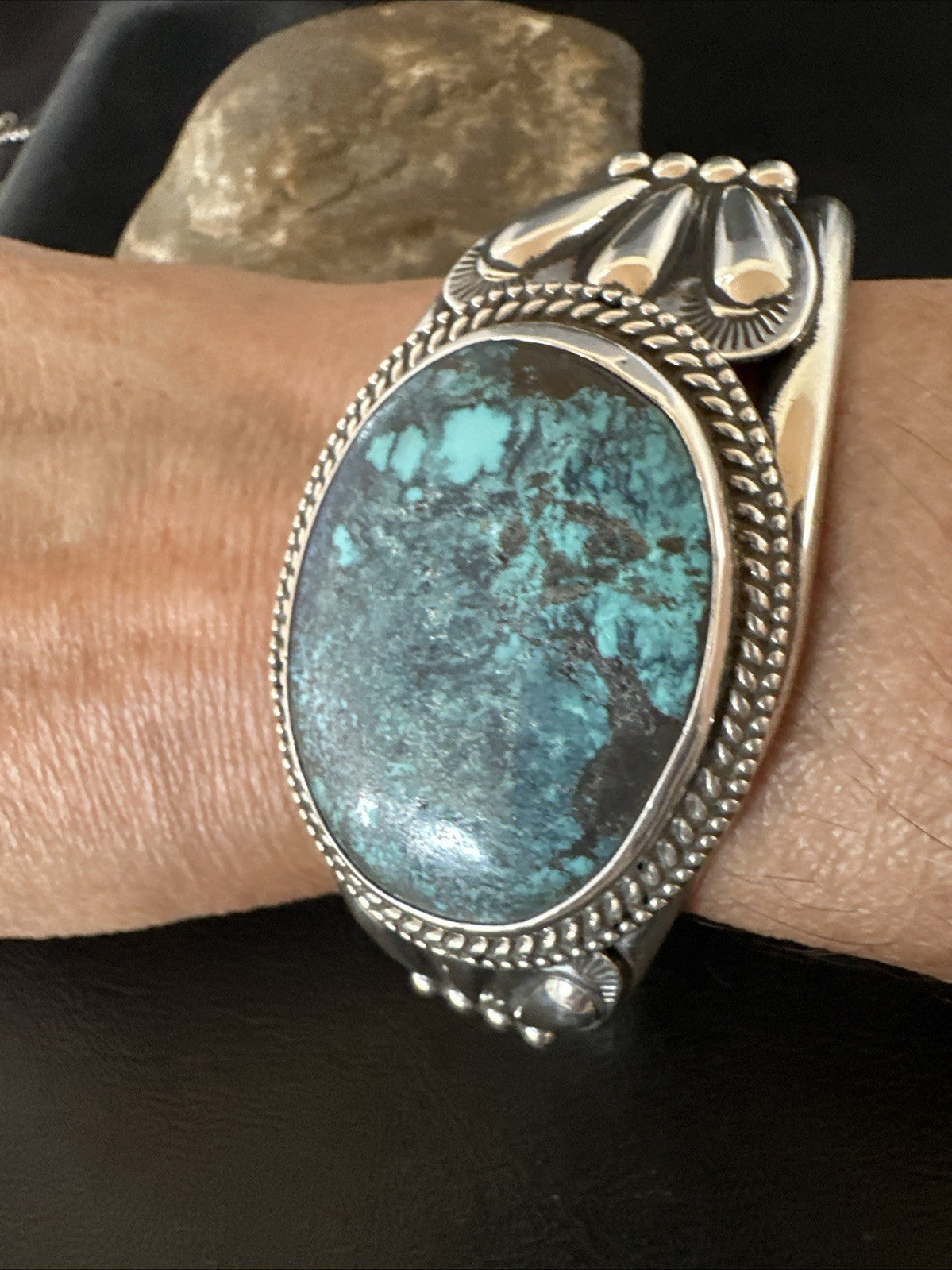 H Joe Blue Spiderweb Turquoise Navajo Sterling Silver Cuff Bracelet 8.2" 19424