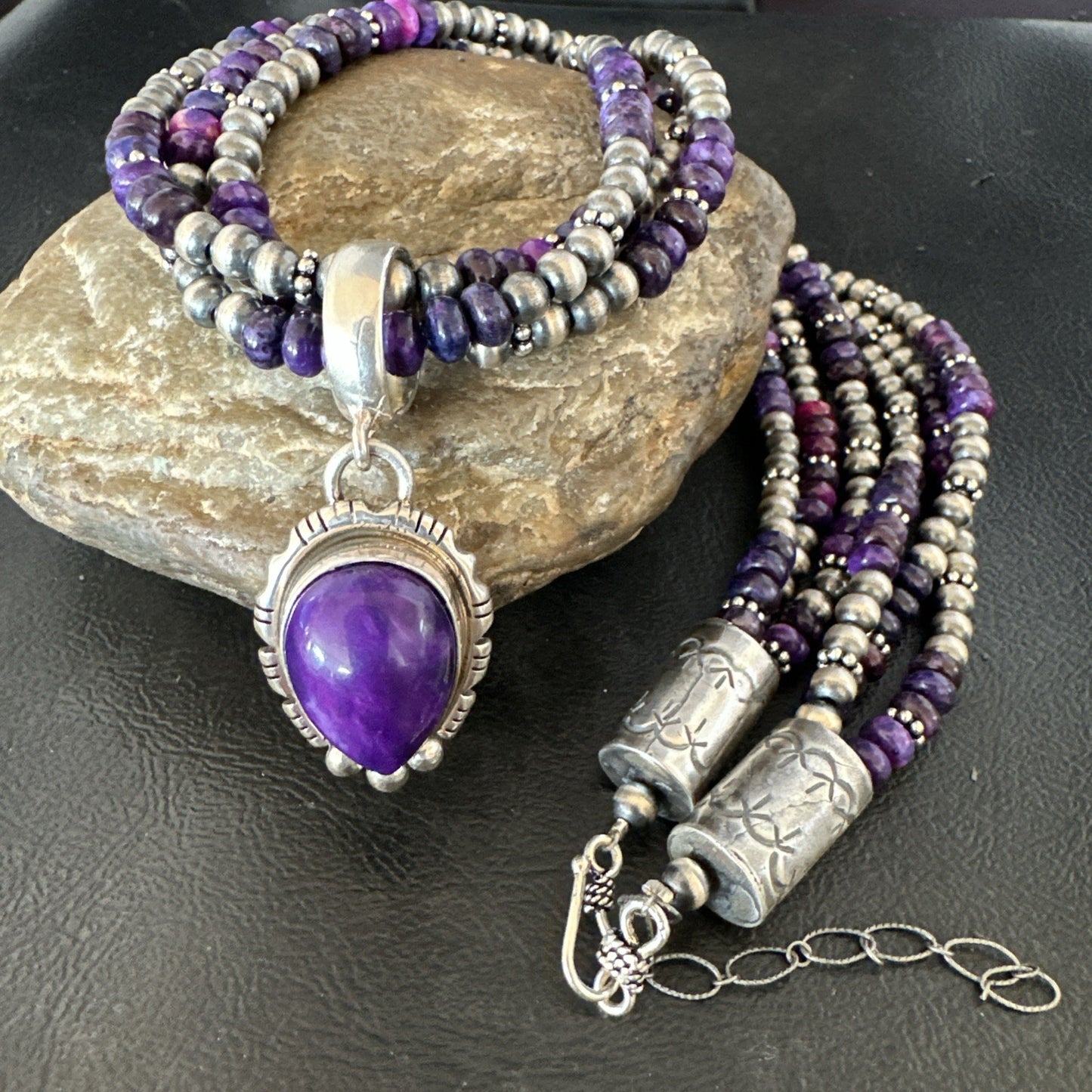 Navajo Sterling Silver 3 Strand Purple Stone Necklace Pendant 22” 19028