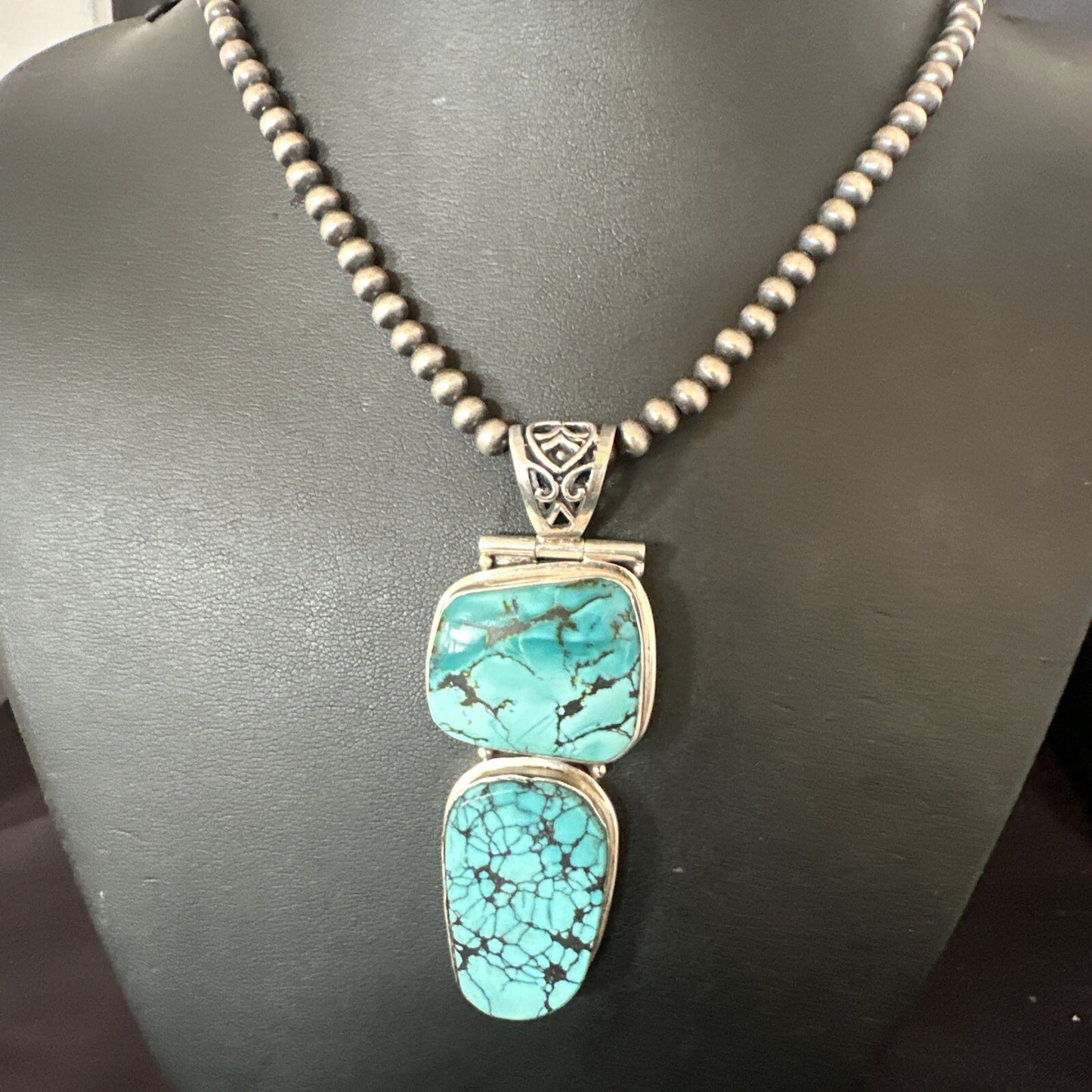 Blue Spiderweb Turquoise Pendant Navajo Pearls Sterling Silver Necklace 16008