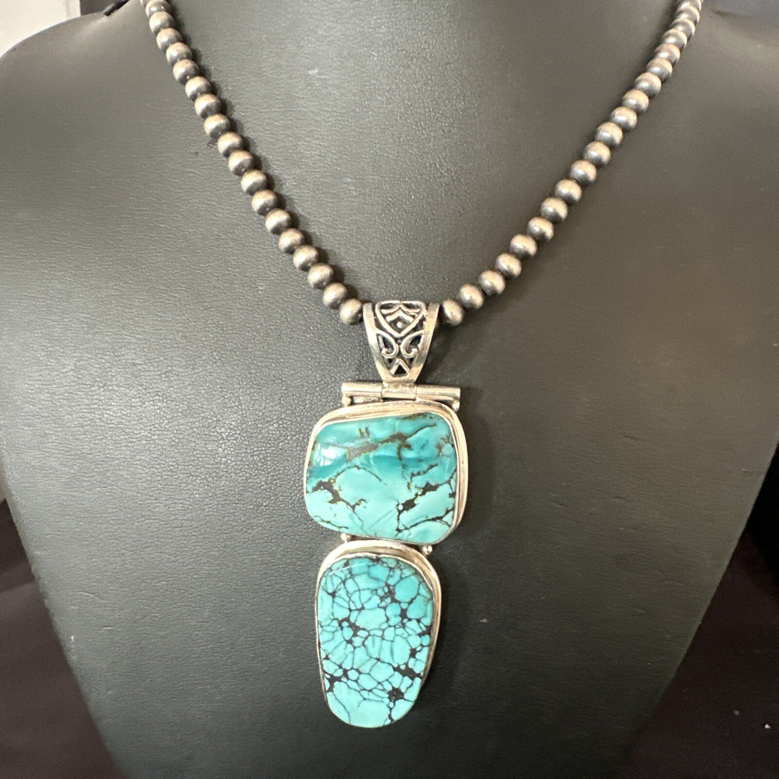 Blue Spiderweb Turquoise Pendant Navajo Pearls Sterling Silver Necklace 16008