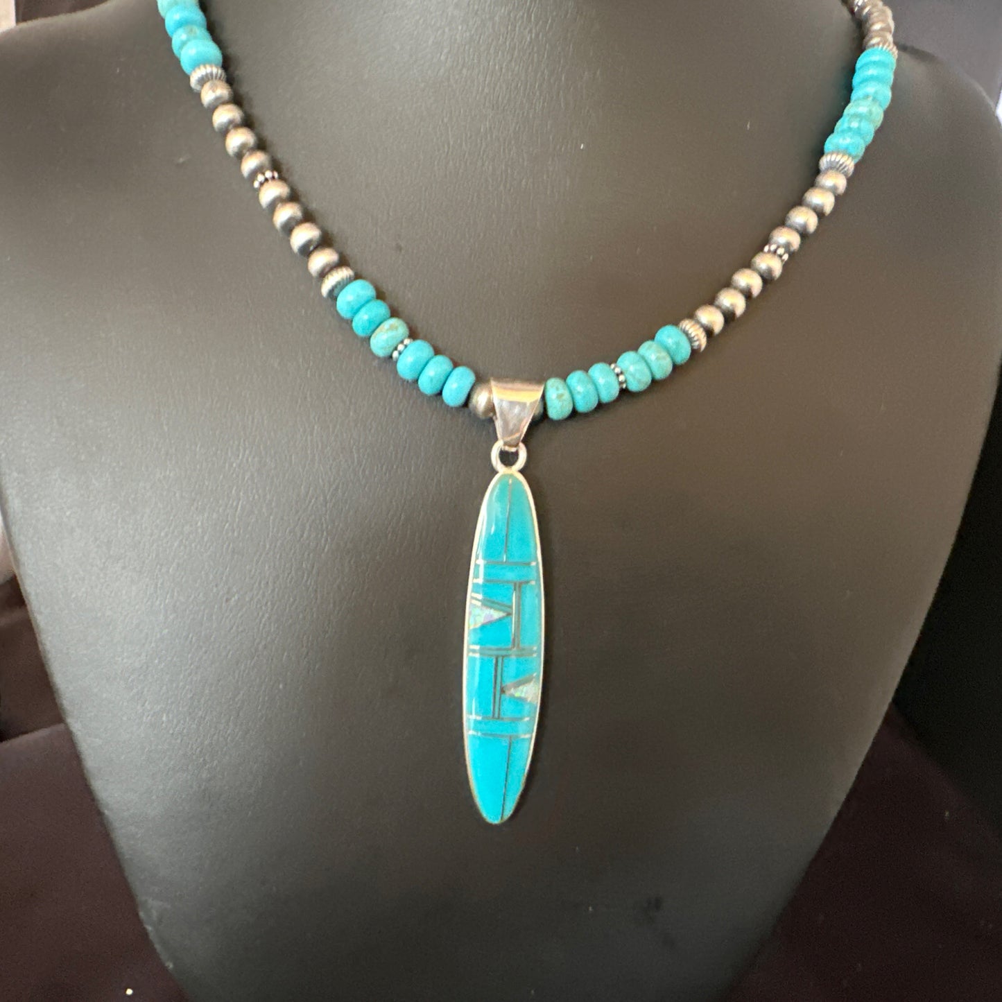 Blue Turquoise Pendant Navajo Pearls Sterling Silver Necklace 15425