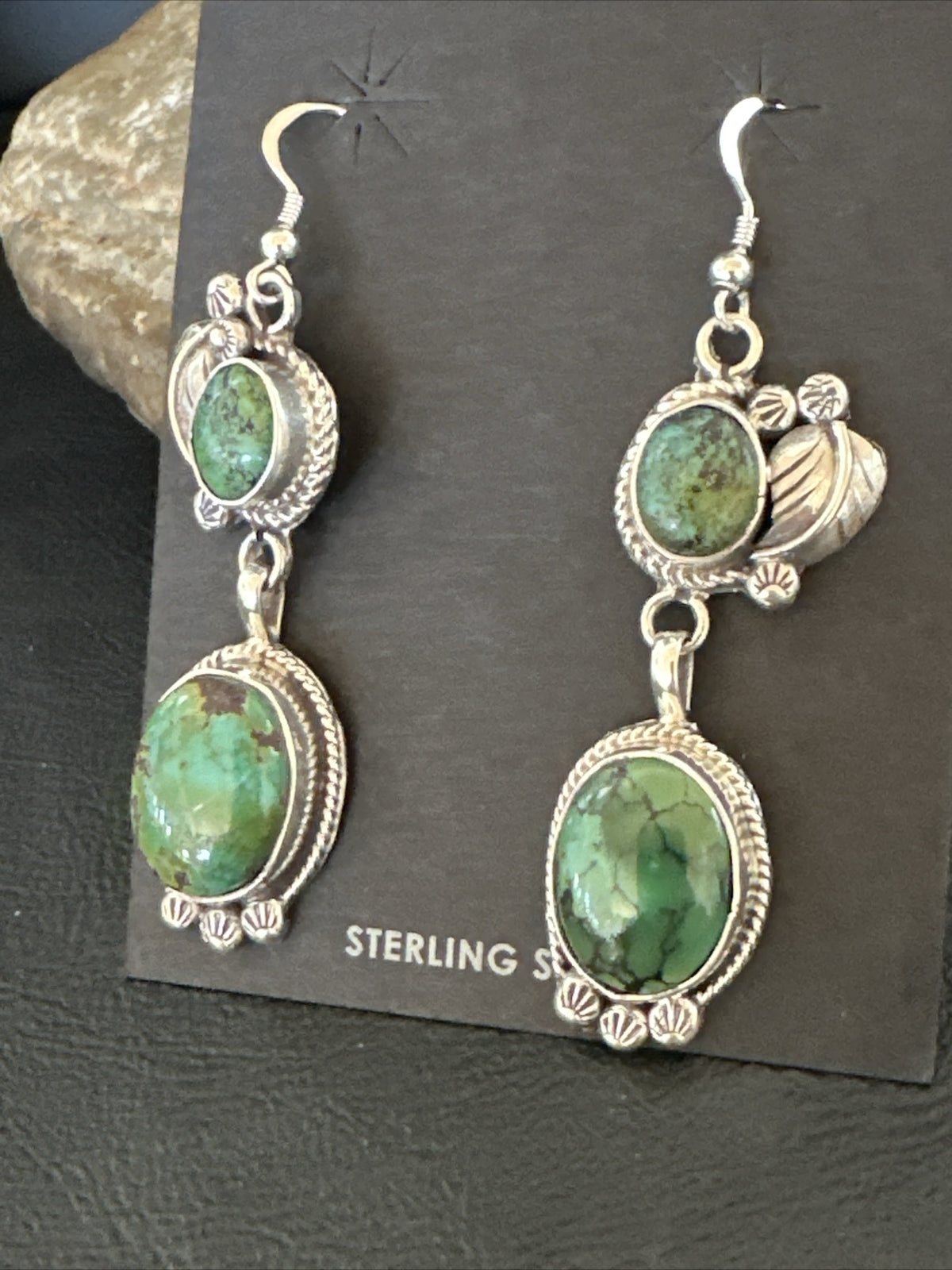 Native Navajo Green Turquoise Sterling Silver Dangle Earrings 2” 17696