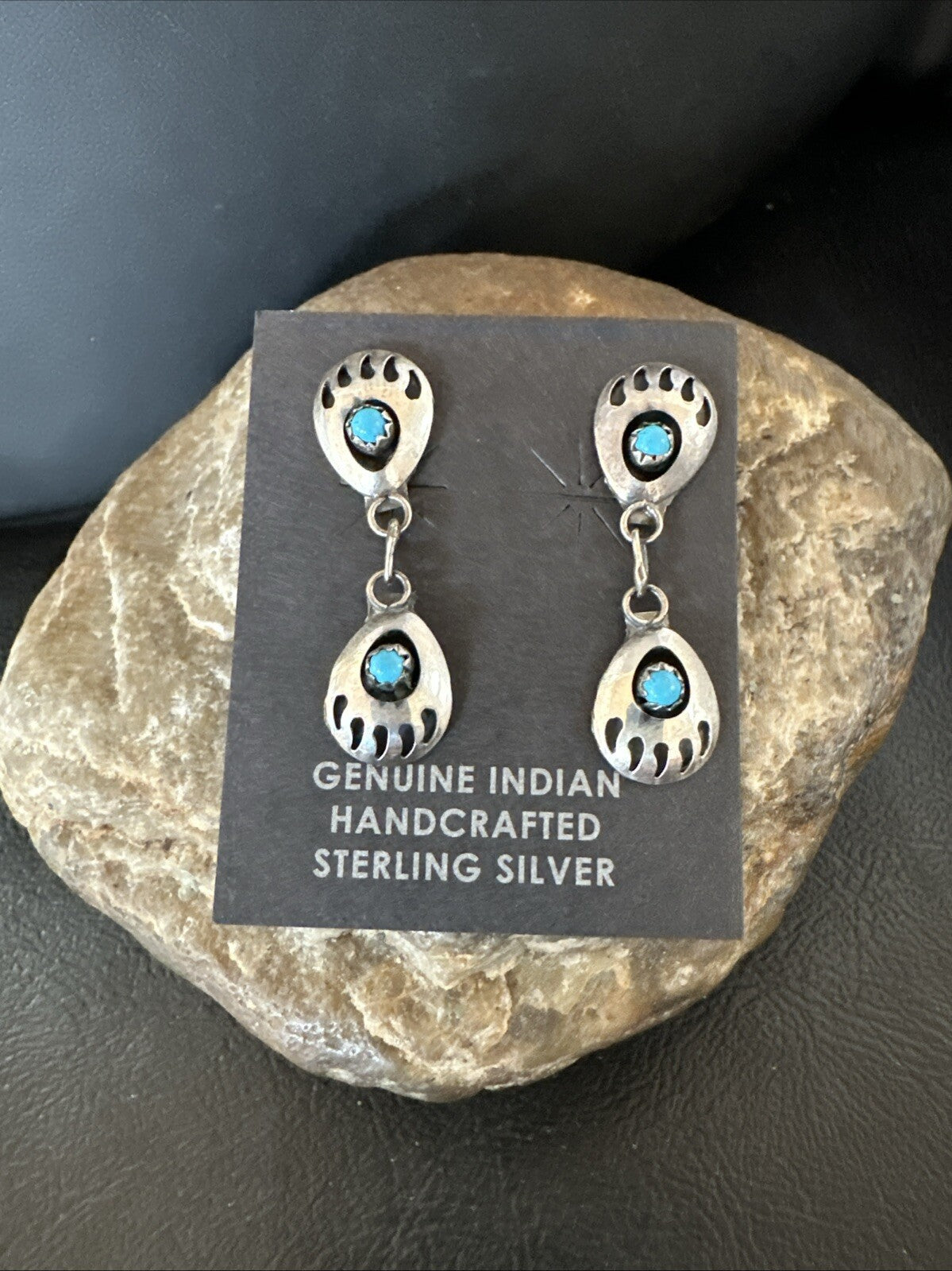 Navajo Blue Turquoise Sterling Silver Post Dangle Bear Paw Earrings 1.30" 4520