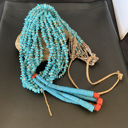 Native American Santo Domingo Blue Turquoise Coral 10S 38in Necklace 19031