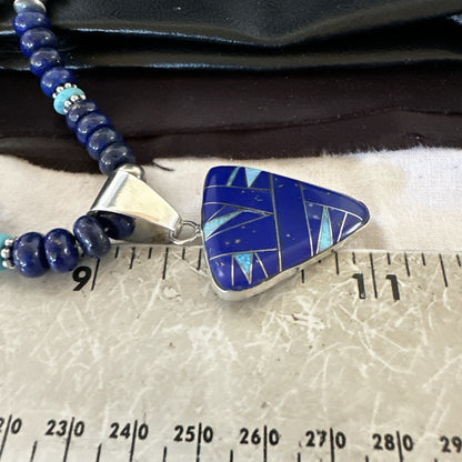 Lapis Opal Inlay Pendant Navajo Pearls Turquoise Sterling Silver Necklace 19182
