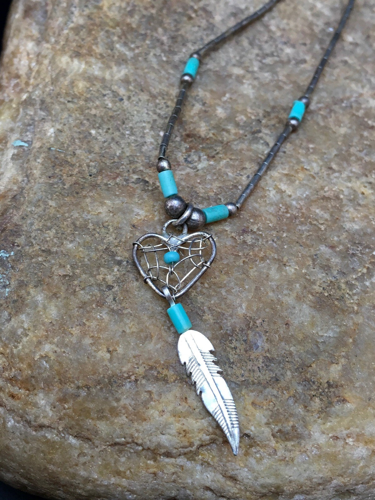 Native Turquoise Feather Pendant Navajo Sterling Silver Necklace 18059